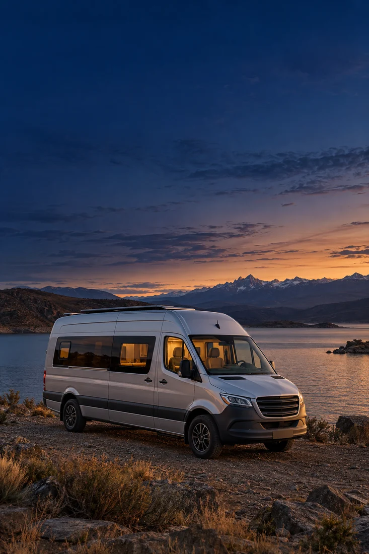 Motorhome junto a un paisaje de montaña patagónico